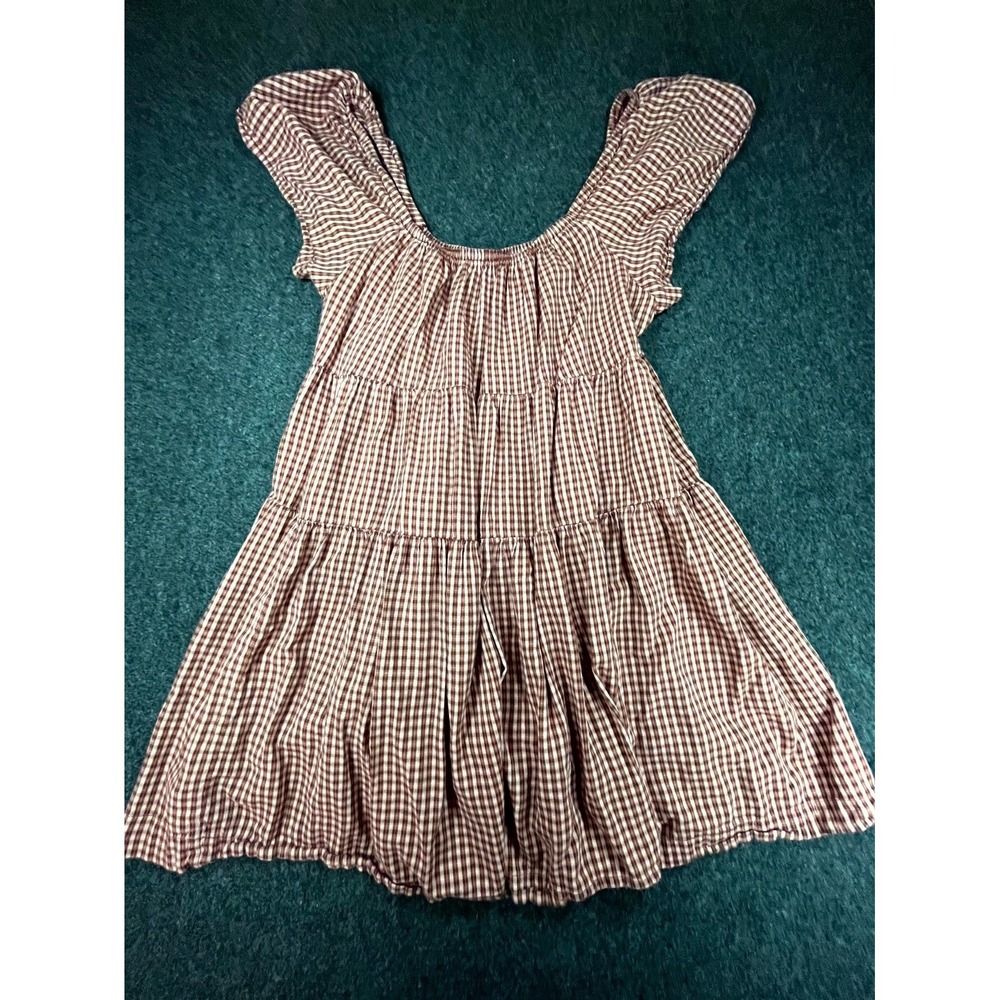 Old Navy Mini Swing Dress Womens M Chocolate Gingham Puff Sleeve Tiered Cottage